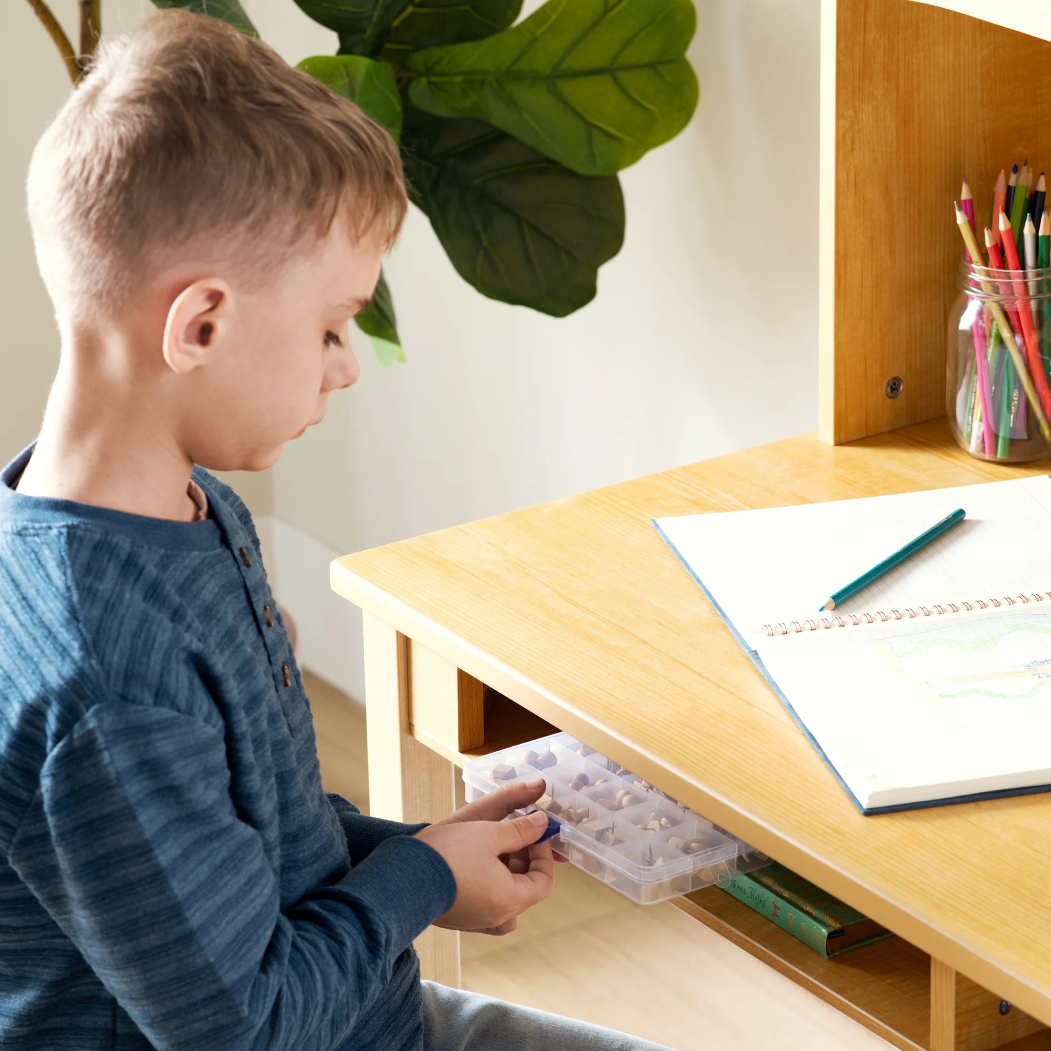 Guidecraft Kids Media Desk and Chair Set - Gray: Kids Desk and Chair Set, Study Table for Kids with Hutch and Shelf, Wood Bedroom Furniture Set