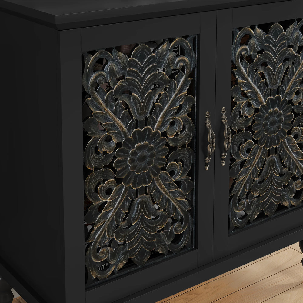 HLR 48" Accent Cabinet with 4 Doors, Vintage Hollow Carving Storage Credenza, Sideboards and Buffets Cabinet for Living Room, Kitchen, Dining Room, Entryway