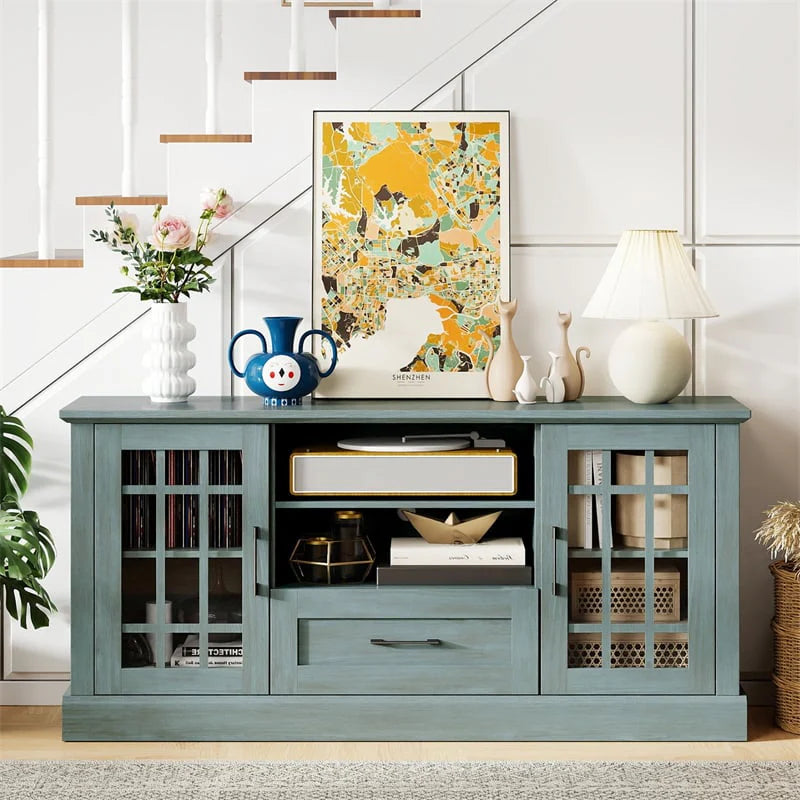 62" Farmhouse TV Stand for 70 Inch TVs, Tall Media Console Table with 2 Glass Doors, Cubbies & Drawer, Storage Cabinet for Living Room