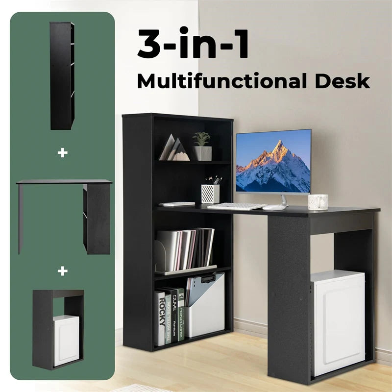 48" Computer Desk with 6-Tier Storage Shelves, 3-in-1 Reversible Writing Desk w/ Bookshelf & CPU Stand, Space-Saving Home Office Workstation