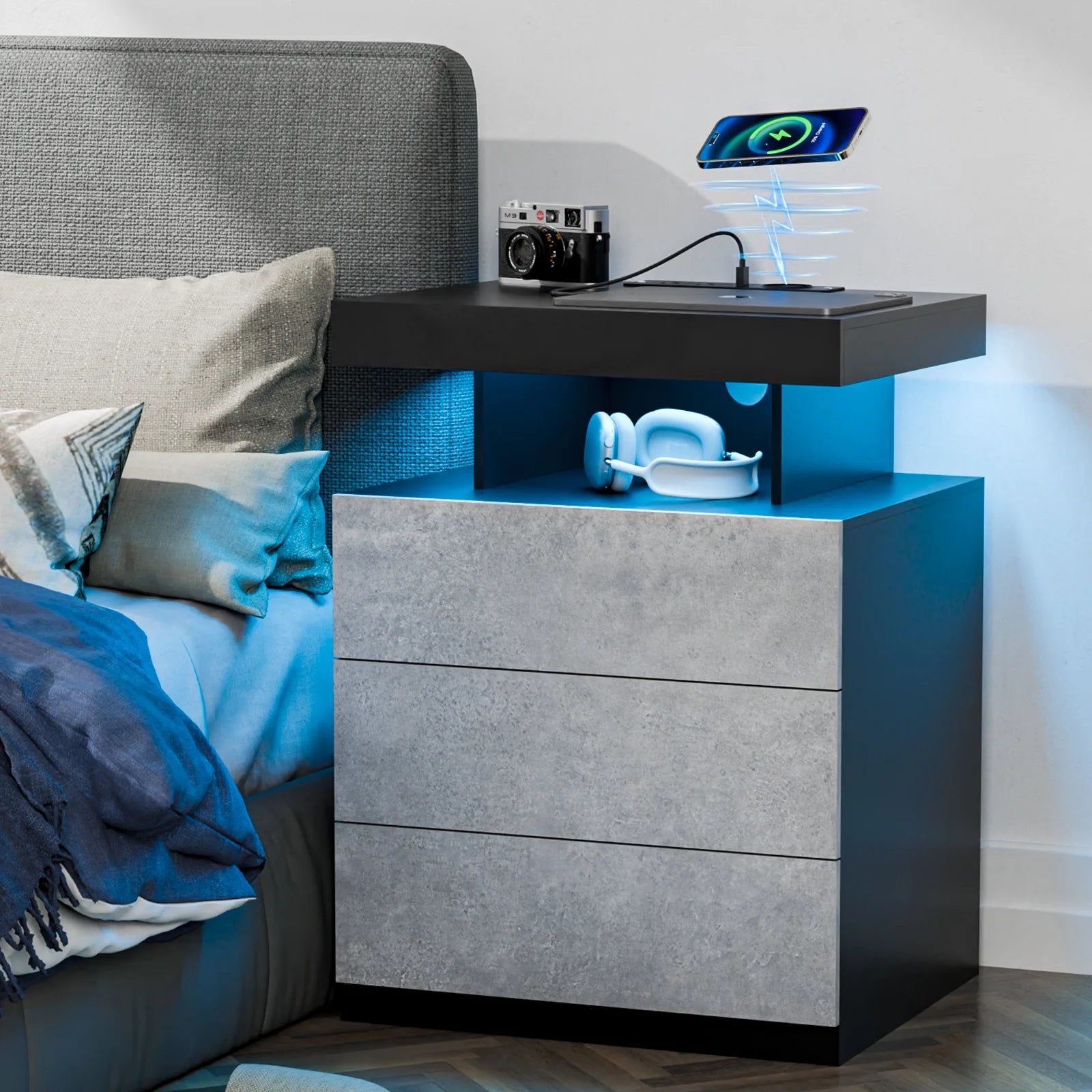 Hommpa LED Nightstand Wireless Charging Station USB Type C Outlets Bedside Table 3 Drawers Black Night Table Modern Smart Nightstand High Gloss End Side Table for Bedroom Furniture 26.8" Tall