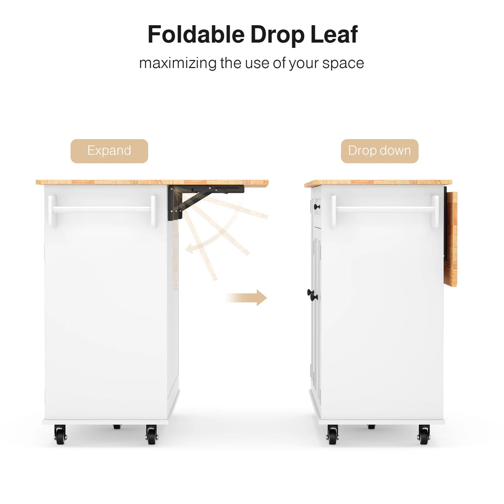 Noelse Kitchen Island with Storage, Island Table for Kitchen with Drop Leaf, Spice Rack, Towel Bar for Small Kitchens, White