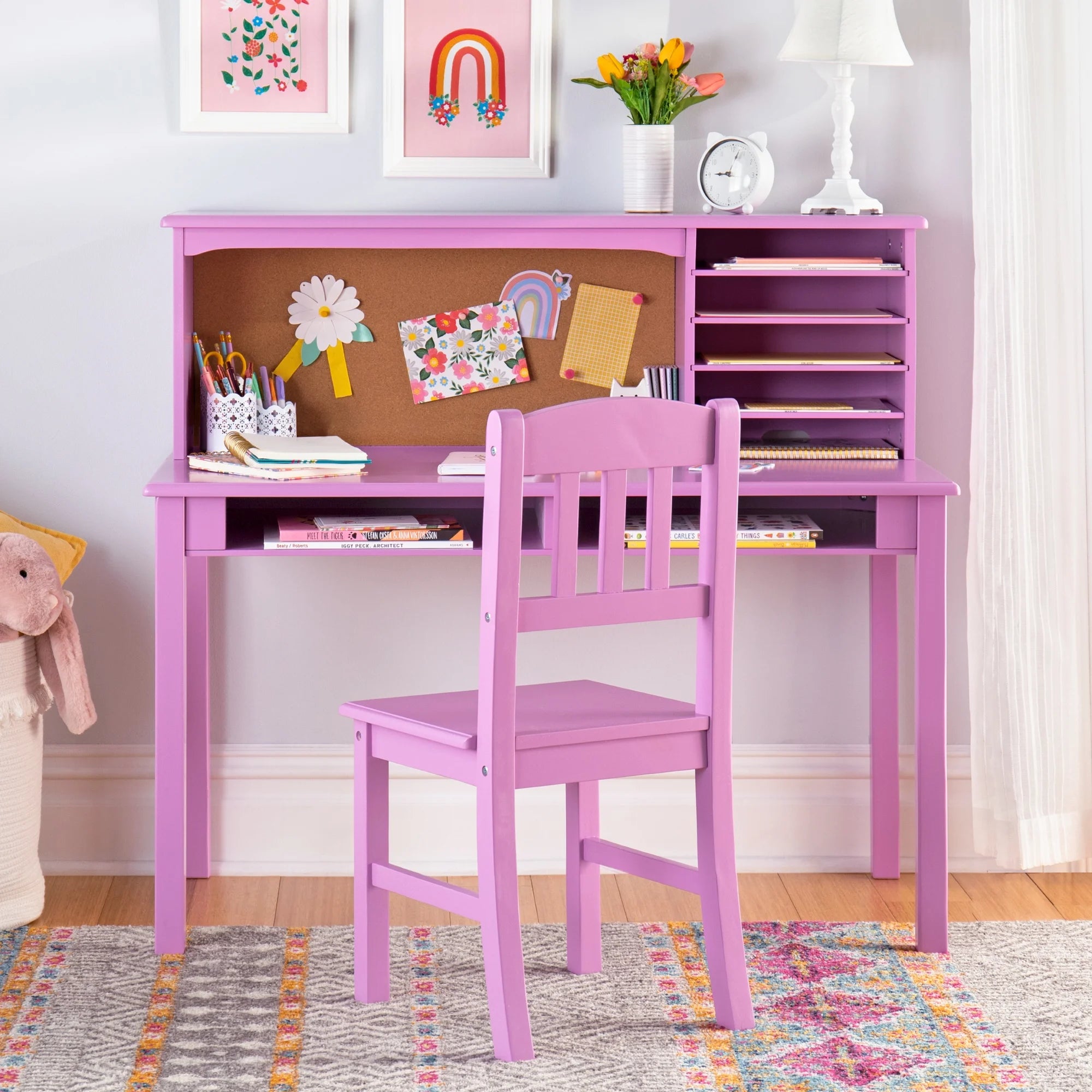 Guidecraft Kids Media Desk and Chair Set - Gray: Kids Desk and Chair Set, Study Table for Kids with Hutch and Shelf, Wood Bedroom Furniture Set