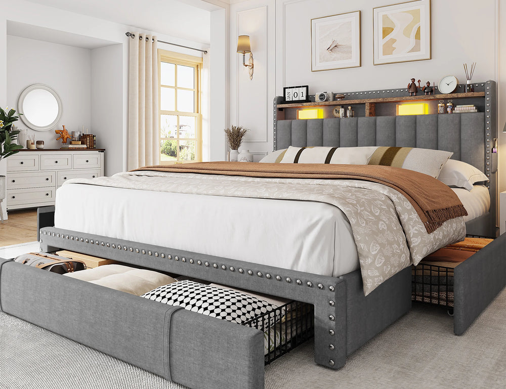 Enhomee Queen Bed Frame with 3 Storage Drawers Upholstered Queen Size Bed Frame with Headboard Noise Free Platform Bed with Metal Frame & Wood Slats Support Beige Bedroom Furniture for Adults Clothes - Queen / Gray / with Storage Shelf