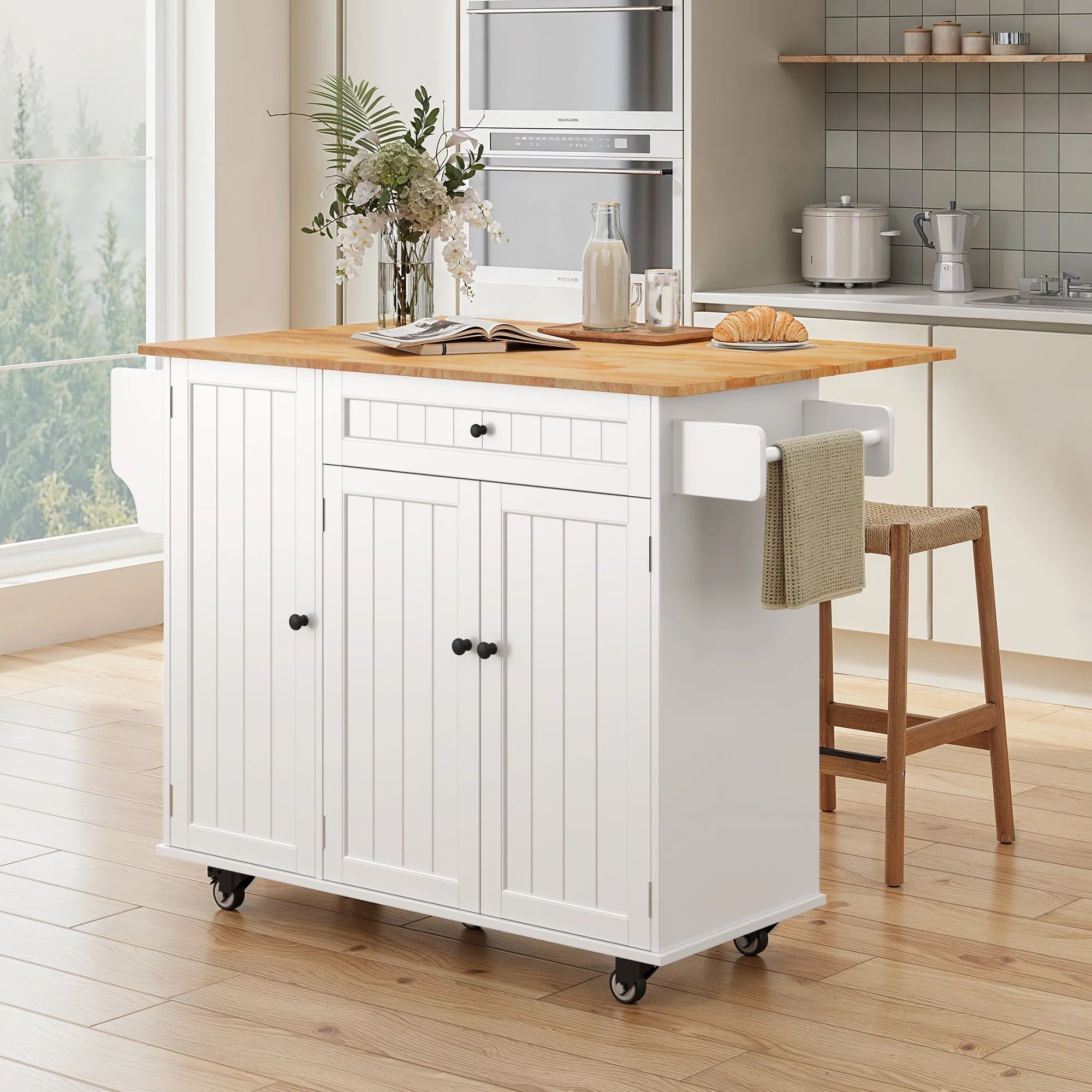 Noelse Kitchen Island with Storage, Island Table for Kitchen with Drop Leaf, Spice Rack, Towel Bar for Small Kitchens, White - Black-Large
