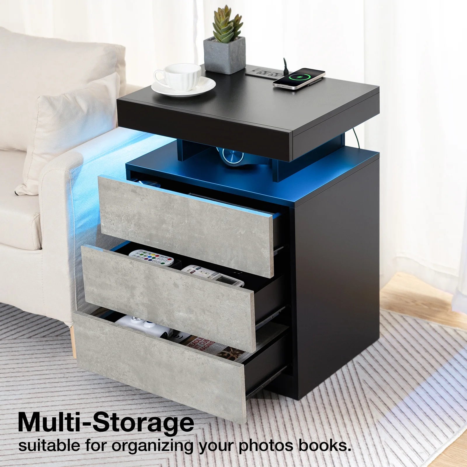 Hommpa LED Nightstand Wireless Charging Station USB Type C Outlets Bedside Table 3 Drawers Black Night Table Modern Smart Nightstand High Gloss End Side Table for Bedroom Furniture 26.8" Tall