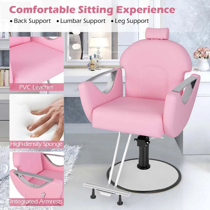 Reclining Barber Chair, 360° Swivel Salon Chair with Heavy Duty Hydraulic Pump, Adjustable Height & Headrest for Hair Styling, Makeup, Tattoo