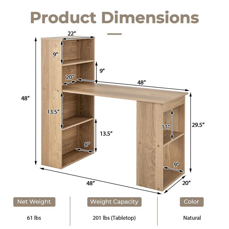48" Computer Desk with 6-Tier Storage Shelves, 3-in-1 Reversible Writing Desk w/ Bookshelf & CPU Stand, Space-Saving Home Office Workstation