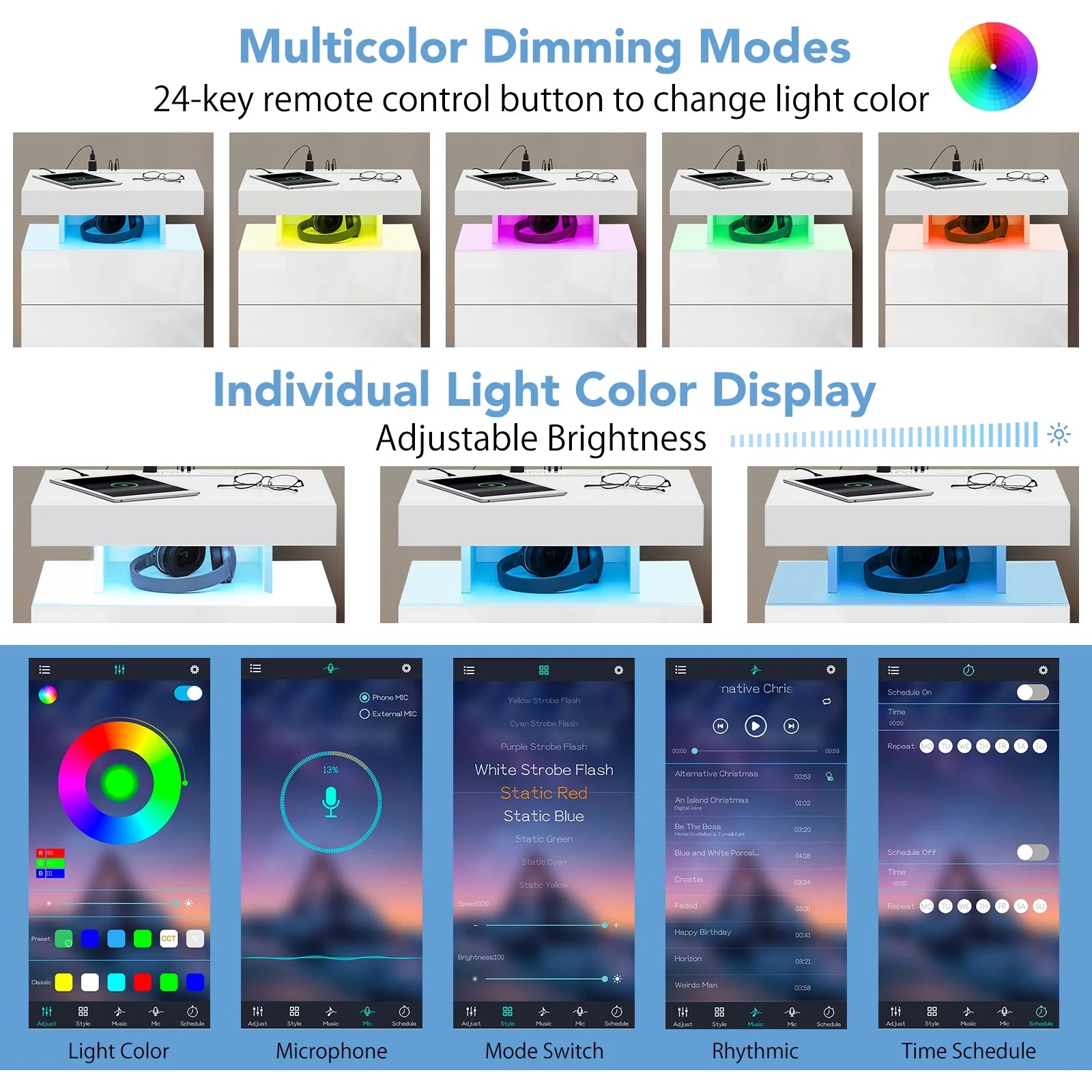 Hommpa LED Nightstand Wireless Charging Station USB Type C Outlets Bedside Table 3 Drawers Black Night Table Modern Smart Nightstand High Gloss End Side Table for Bedroom Furniture 26.8" Tall