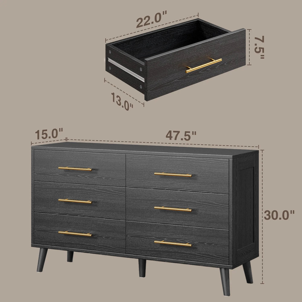 Noelse 3 Piece Bedroom Furniture Set, 6 Drawer Dresser with 2 Nightstands, Modern Wood Storage Organizer with Metal Handles for Bedroom, Living Room, Black