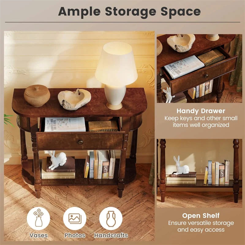 36" 2-Tier Retro Console Table with Storage Drawer & Open Shelf, Solid Wood Narrow Entryway Sofa Table for Living Room, Foyer & Hallway
