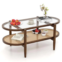 2-Tier Oval Boho Coffee Table with Tempered Glass Top, Rattan Shelf & Acacia Wood Frame, Mid Century Modern Center Table for Living Room Office - Black