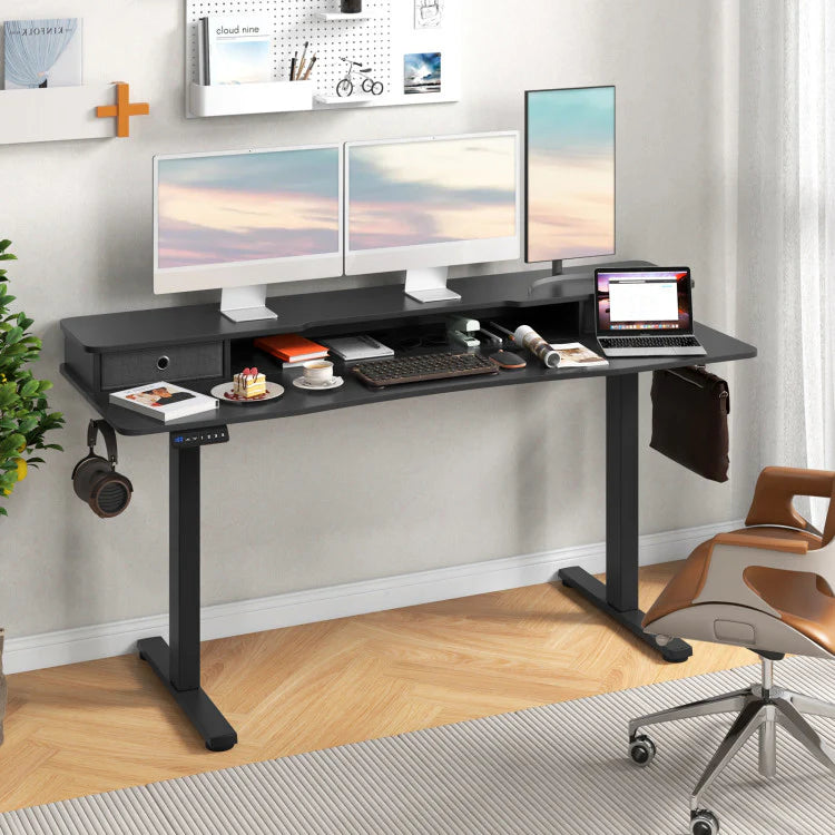 Electric Standing Desk with 2 Drawers, 3 Memory Positions, 63" x 24" Height Adjustable Electric Sit Stand Desk for Home Office Bedroom