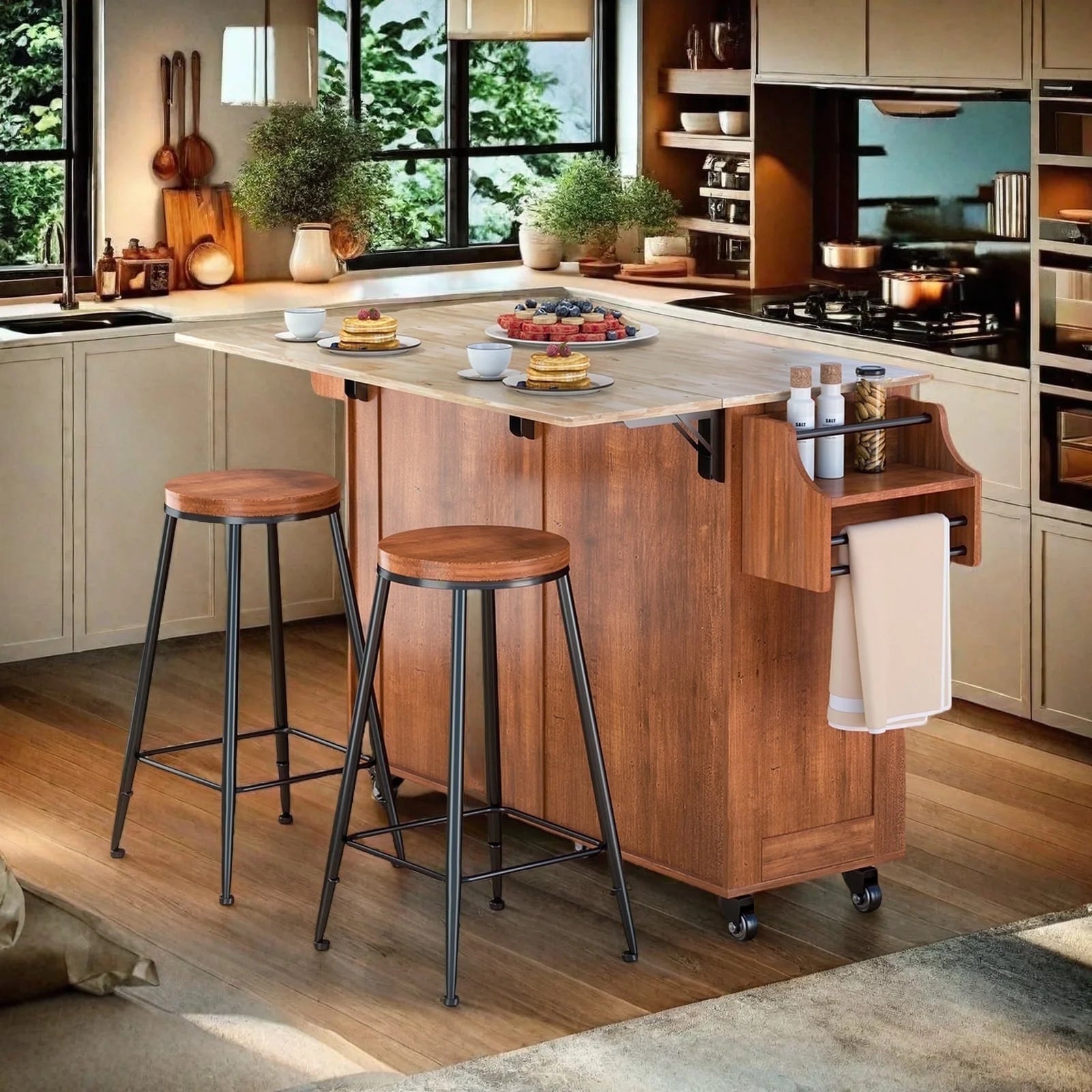 Lofka 52 - Inch Kitchen Island with Storage on Wheels with Wood Drop Leaf, Ideal for Small Kitchens