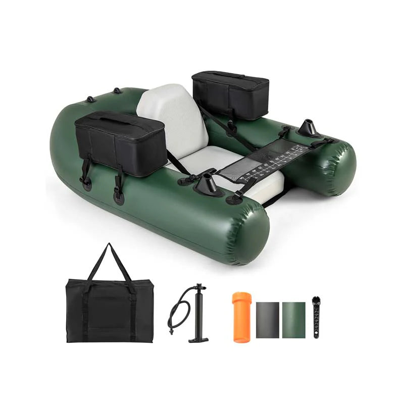 Inflatable Fishing Float Tube with 2 Large Storage Pockets, Angling Base, 20" Fish Ruler & 4 Motor Buckles, 352LBS Capacity Belly Boat for Fly Fishing