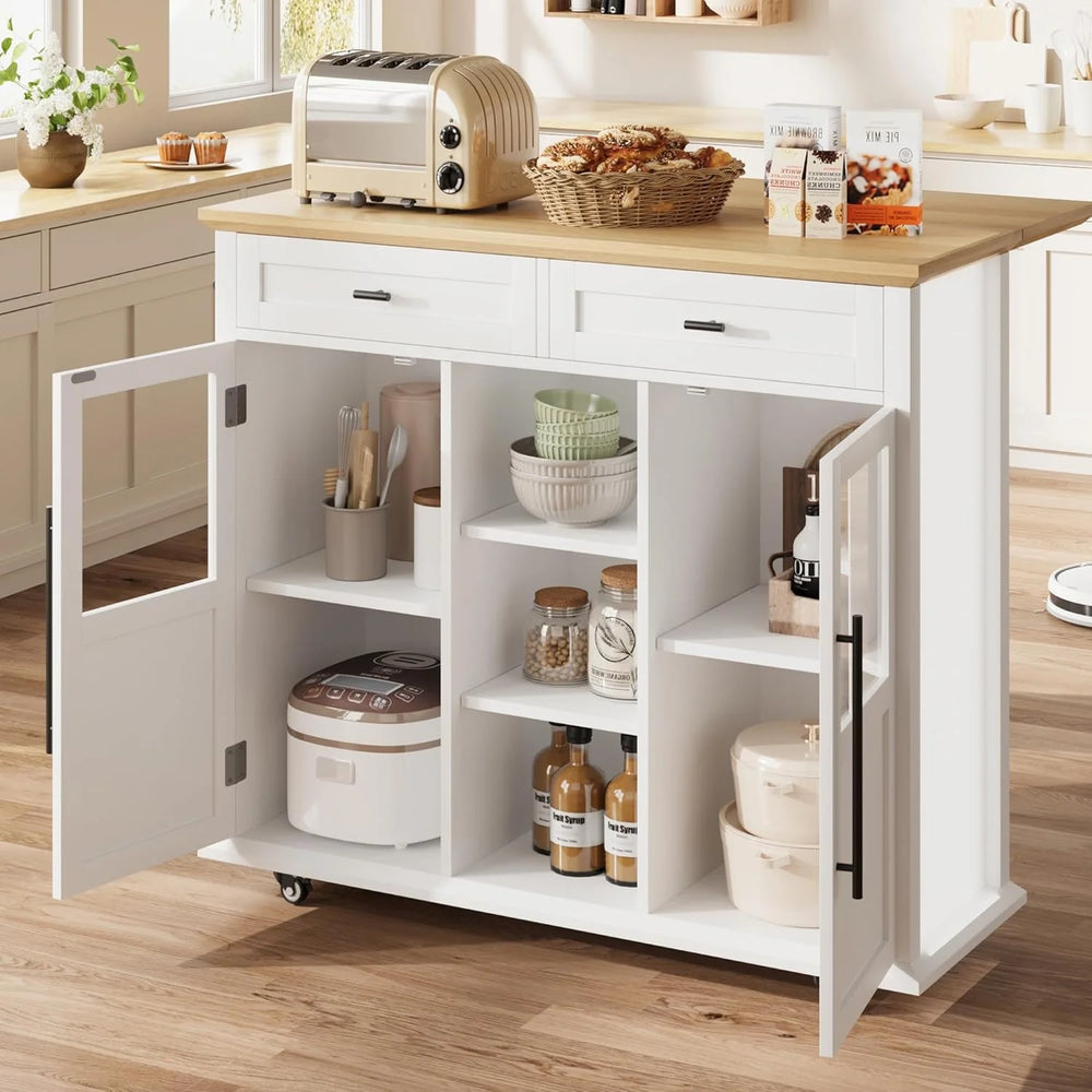 WALYWIK Foldable Kitchen Island Cart with Wheels, 2 Glass Doors, Spice Rack & Towel Holder - Compact Mobile Storage Cart for Small Kitchens, Dining Rooms, Camping & Rvs - Grey