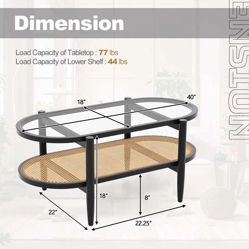 2-Tier Oval Boho Coffee Table with Tempered Glass Top, Rattan Shelf & Acacia Wood Frame, Mid Century Modern Center Table for Living Room Office