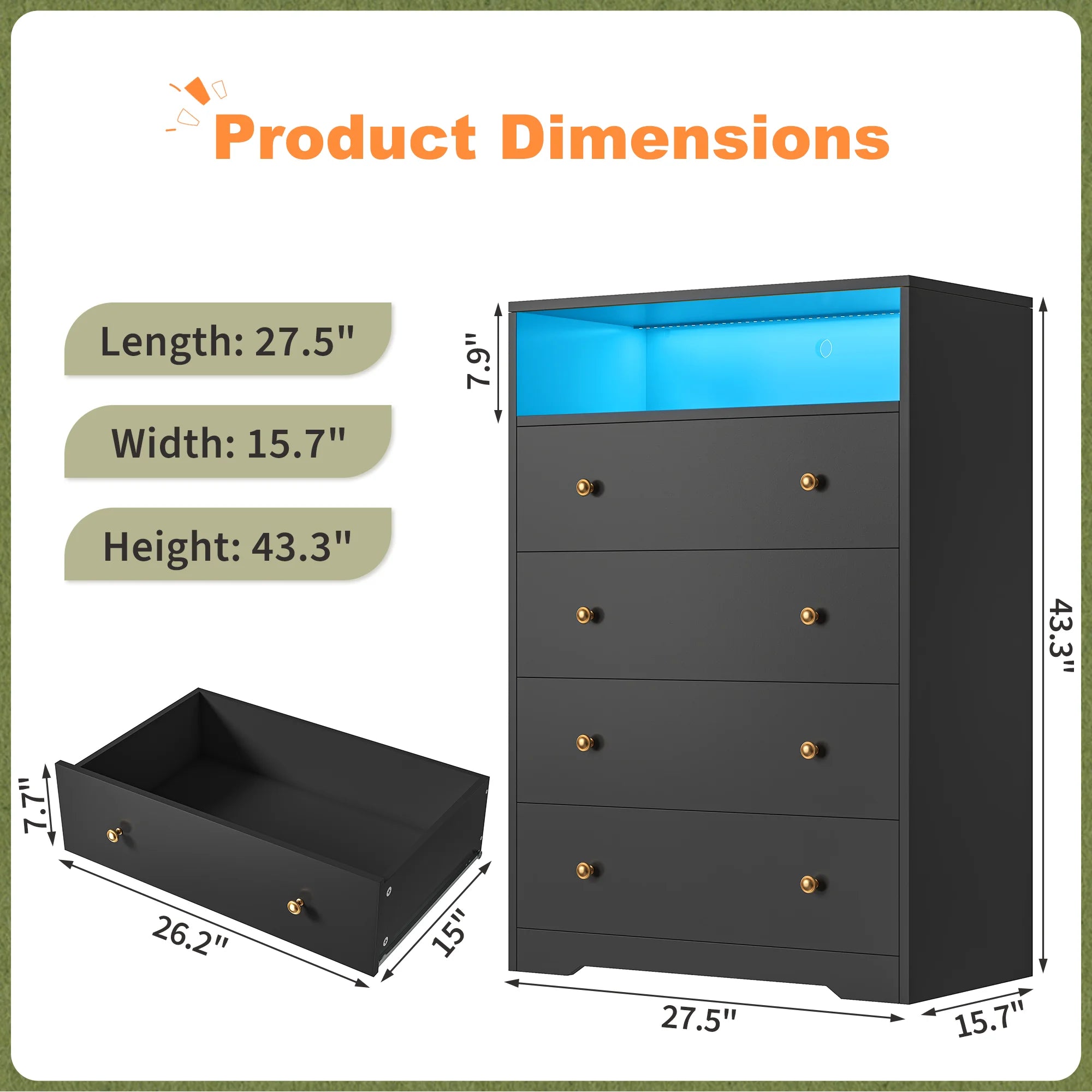 4 - Drawer Black Wood Dresser with LED Lights, Modern Chest of Drawers for Bedroom, Living Room