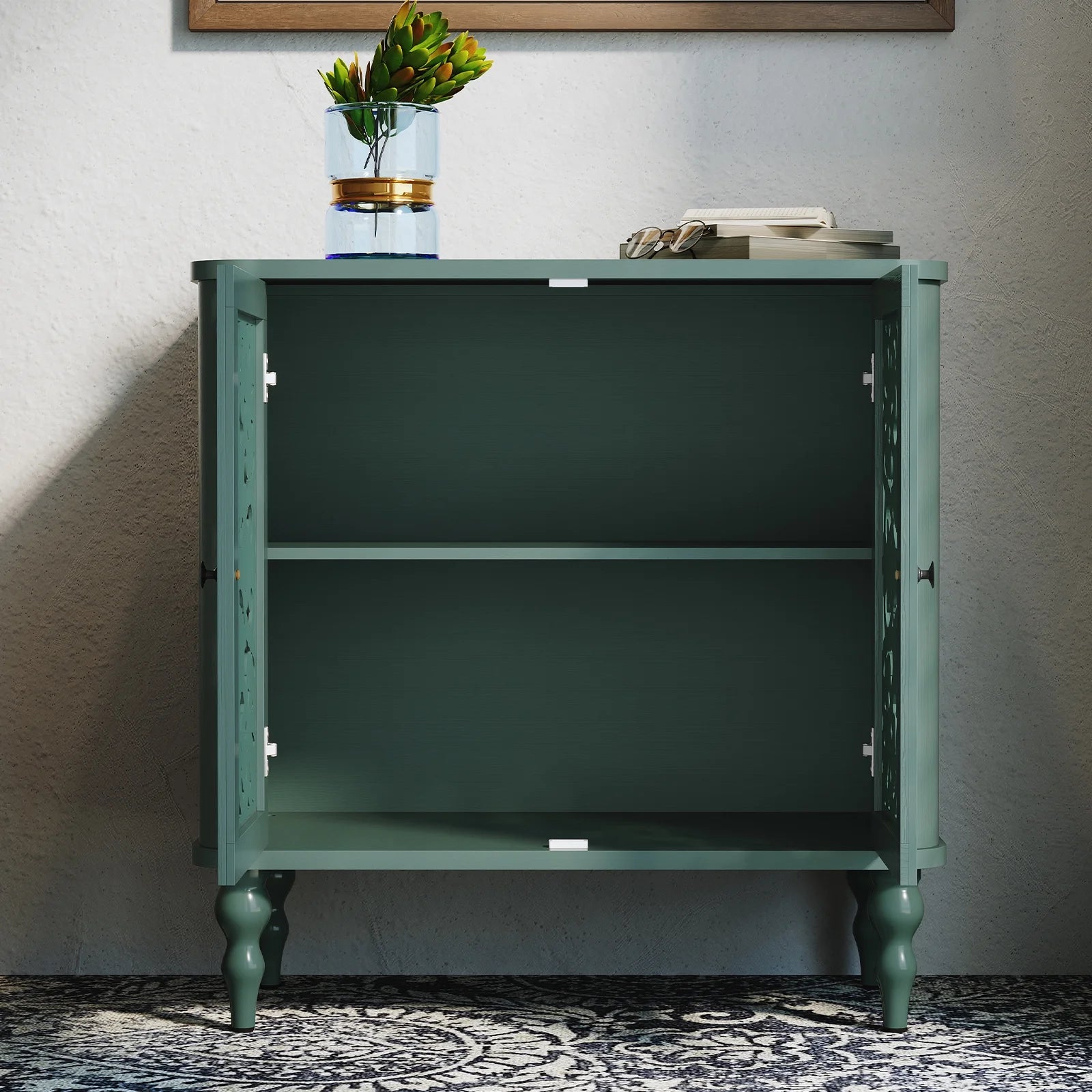 HLR 48" Accent Cabinet with 4 Doors, Vintage Hollow Carving Storage Credenza, Sideboards and Buffets Cabinet for Living Room, Kitchen, Dining Room, Entryway