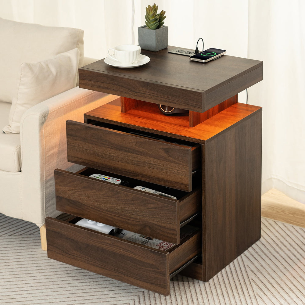 Hommpa LED Nightstand Wireless Charging Station USB Type C Outlets Bedside Table 3 Drawers Black Night Table Modern Smart Nightstand High Gloss End Side Table for Bedroom Furniture 26.8" Tall