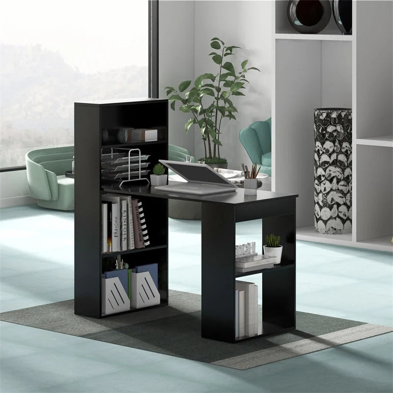 48" Computer Desk with 6-Tier Storage Shelves, 3-in-1 Reversible Writing Desk w/ Bookshelf & CPU Stand, Space-Saving Home Office Workstation