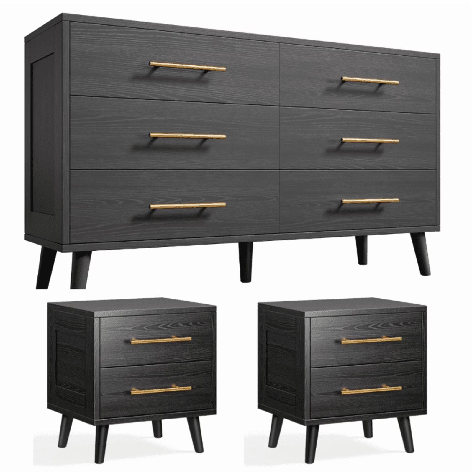 Noelse 3-Piece Bedroom Furniture Set, 6-Drawer Dresser and 2 Nightstands, Modern Wood Storage Organizer, Black