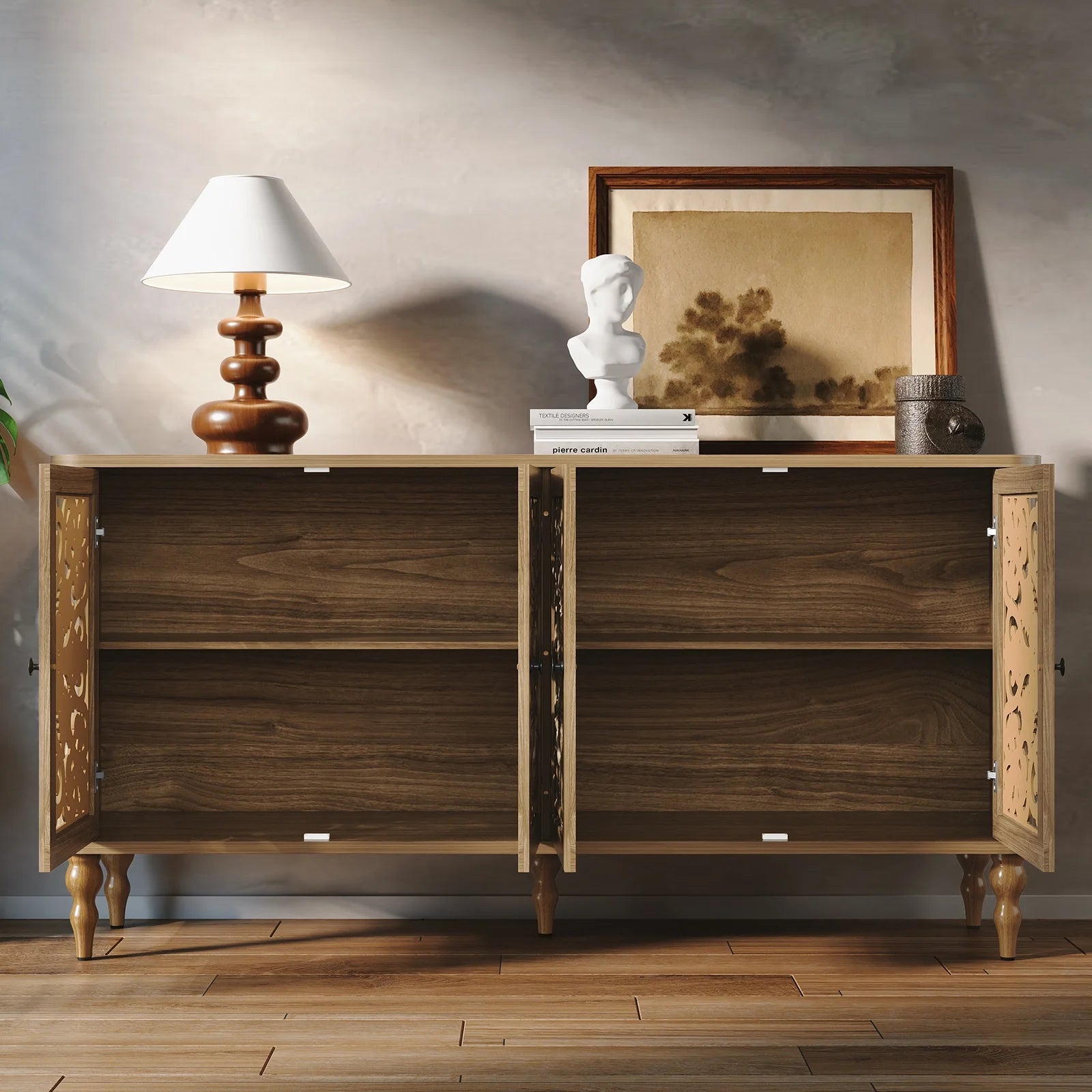 HLR 48" Accent Cabinet with 4 Doors, Vintage Hollow Carving Storage Credenza, Sideboards and Buffets Cabinet for Living Room, Kitchen, Dining Room, Entryway