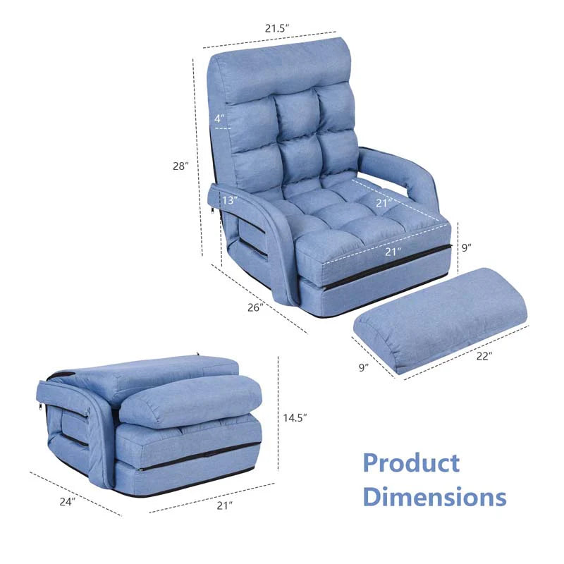 Folding Lazy Sofa Floor Chair with 6-Position Adjustable Backrest, Lumbar Pillow & Armrests, Indoor Chaise Lounge Sofa for Gaming, Living Room