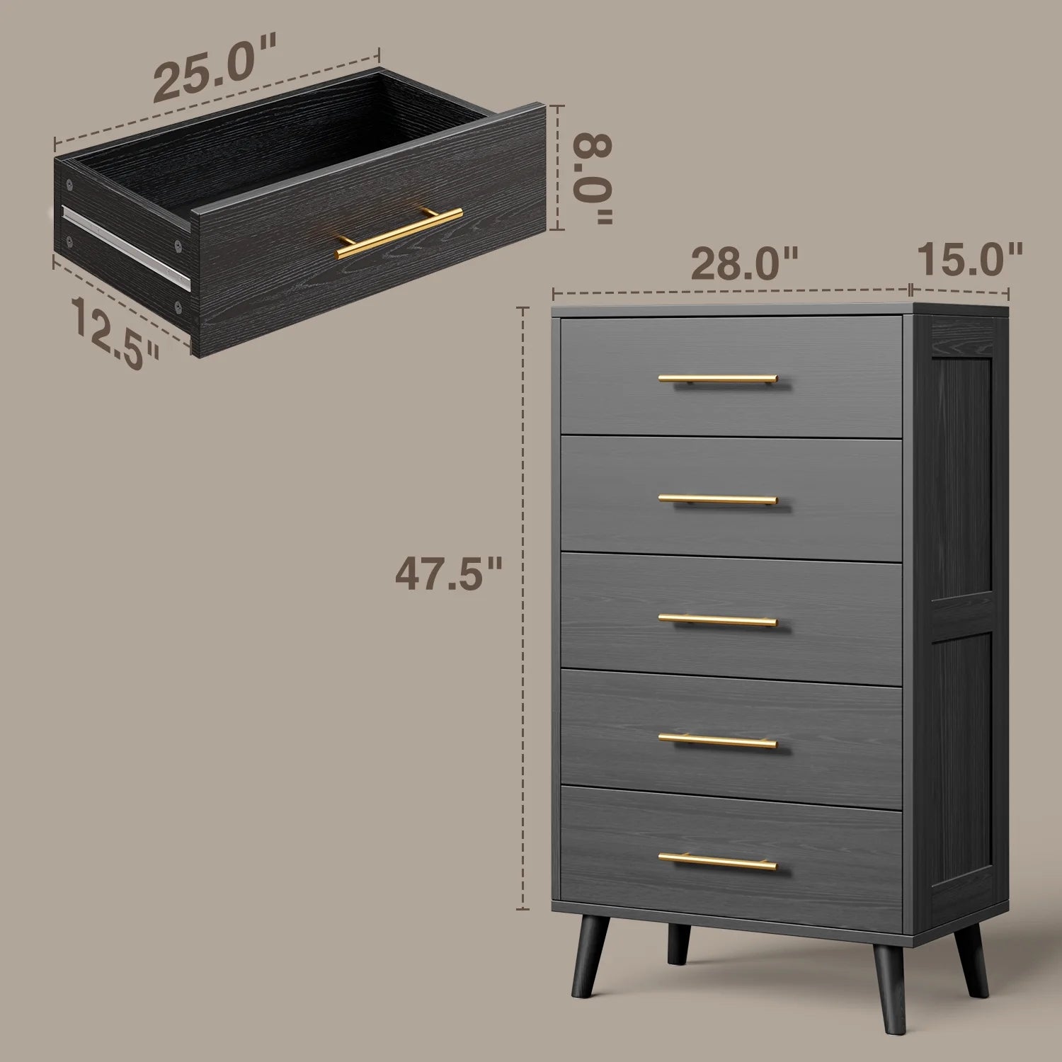 Bedroom Furniture Set - Includes Queen Bed Frame, Nightstands Set of 2, 5 - Drawer Dresser & Double Wide 6 - Drawer Dresser - Modern Storage Solution for Stylish Home Decor, Black - White/Beige