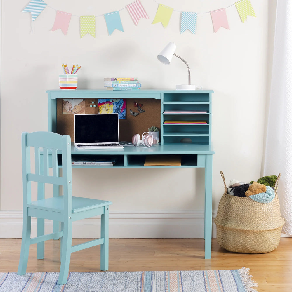 Guidecraft Kids Media Desk and Chair Set - Gray: Kids Desk and Chair Set, Study Table for Kids with Hutch and Shelf, Wood Bedroom Furniture Set