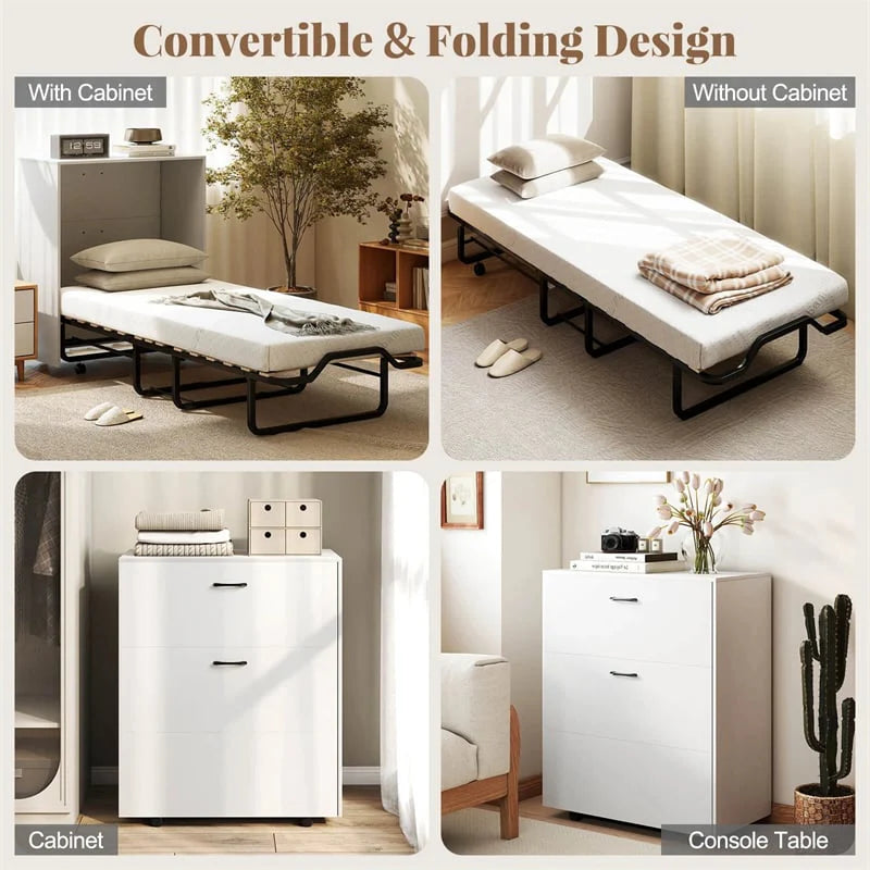 Cot Size Murphy Cabinet Bed with Mattress, 2-in-1 Folding Rollaway Guest Bed into Storage Cabinet with Lockable Wheels for Home Office