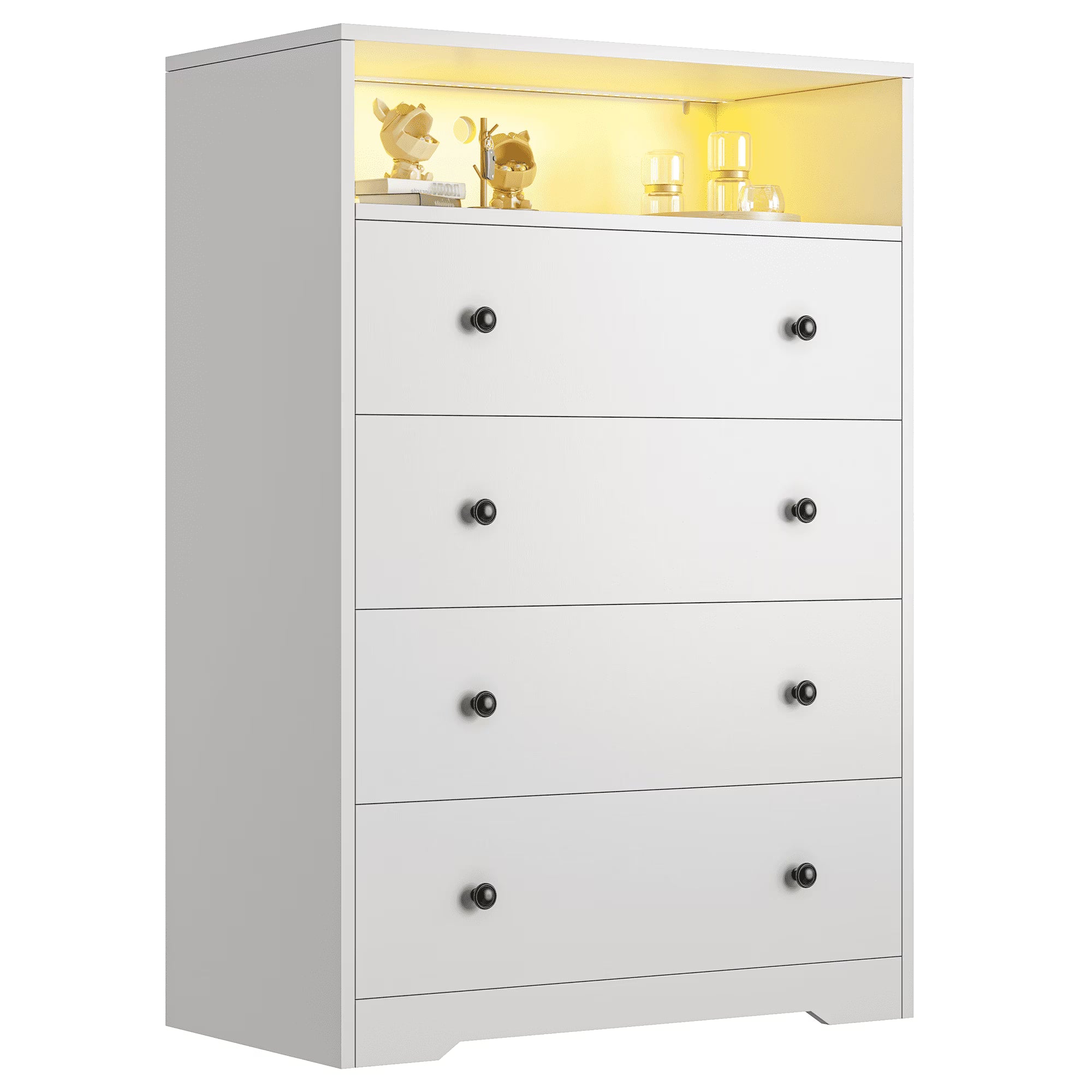 4 - Drawer Black Wood Dresser with LED Lights, Modern Chest of Drawers for Bedroom, Living Room