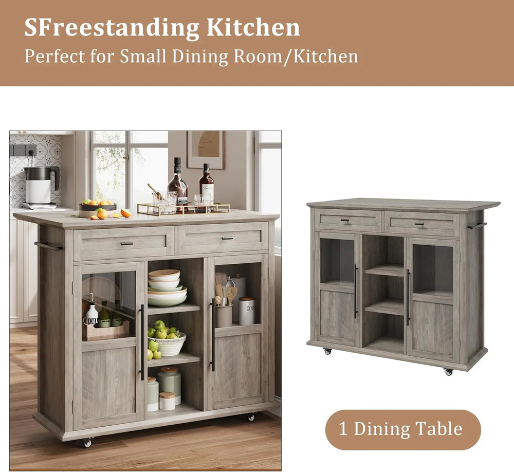WALYWIK Foldable Kitchen Island Cart with Wheels, 2 Glass Doors, Spice Rack & Towel Holder - Compact Mobile Storage Cart for Small Kitchens, Dining Rooms, Camping & Rvs - Grey