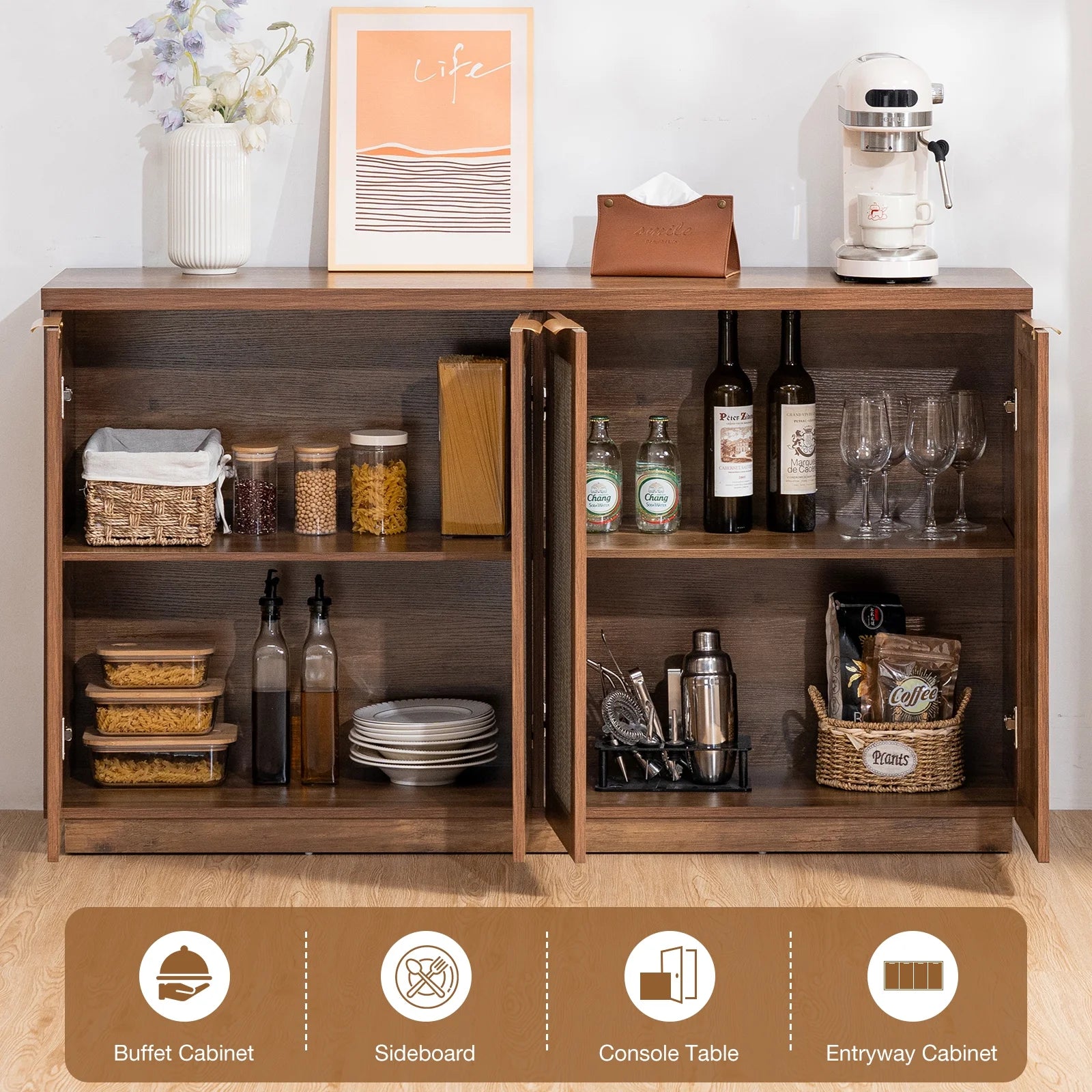 Hommpa Sideboard Buffet Cabinet Rattan Kitchen Storage Organizer with 5 - Position Adjustable Shelf & 2 Doors Boho Farmhouse Accent Cabinets TV Console for Living Dining Room Coffee Bar
