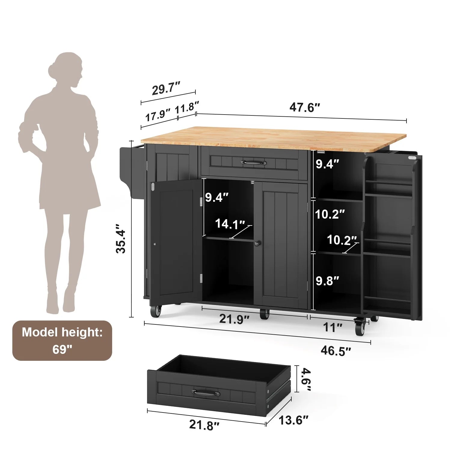 Noelse Kitchen Island with Storage, Island Table for Kitchen with Drop Leaf, Spice Rack, Towel Bar for Small Kitchens, White