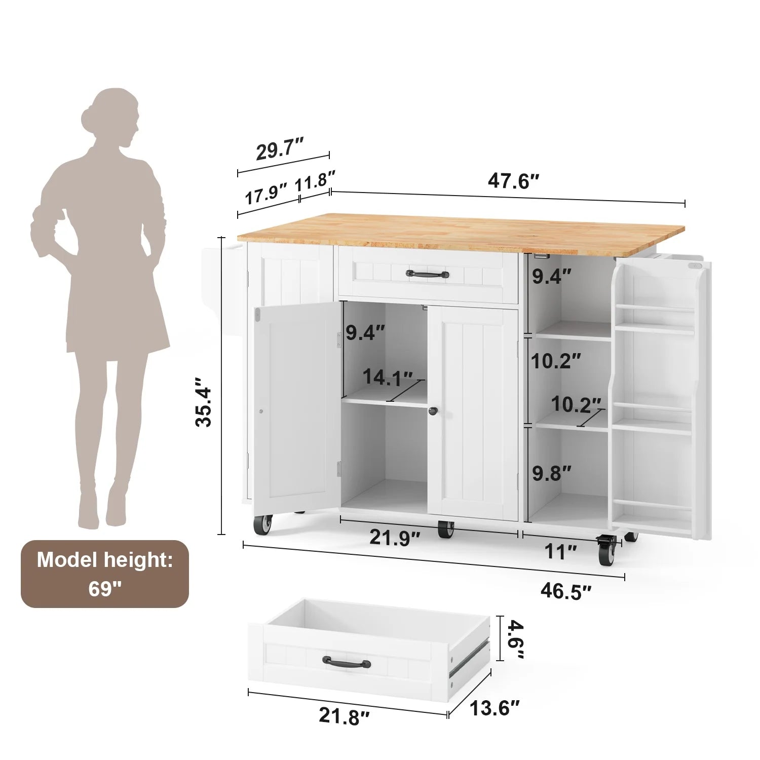 Noelse Kitchen Island with Storage, Island Table for Kitchen with Drop Leaf, Spice Rack, Towel Bar for Small Kitchens, White