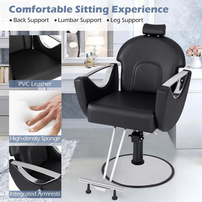 Reclining Barber Chair, 360° Swivel Salon Chair with Heavy Duty Hydraulic Pump, Adjustable Height & Headrest for Hair Styling, Makeup, Tattoo