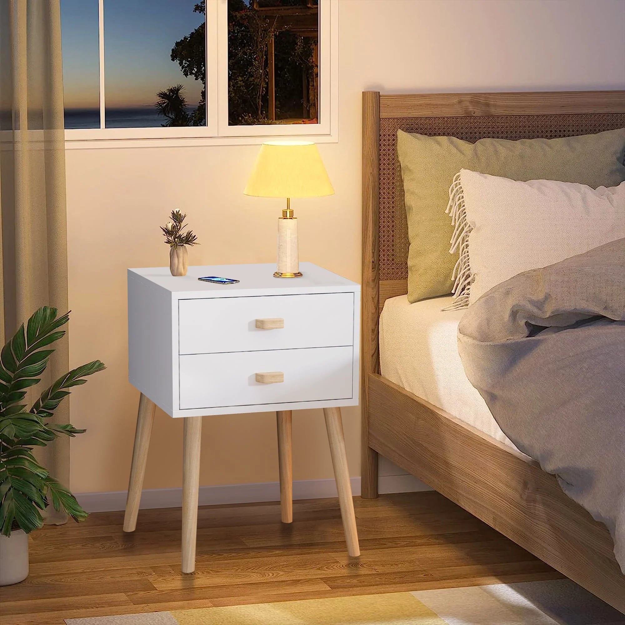 Syngar Nightstand Set of 2, Bedroom Bedside Table with 2 Drawer Storage Shelf, Simple Modern Night Stand End Table with Wood Handle, Easy Assembly, Suitable for Living Room Bedroom Furniture, White