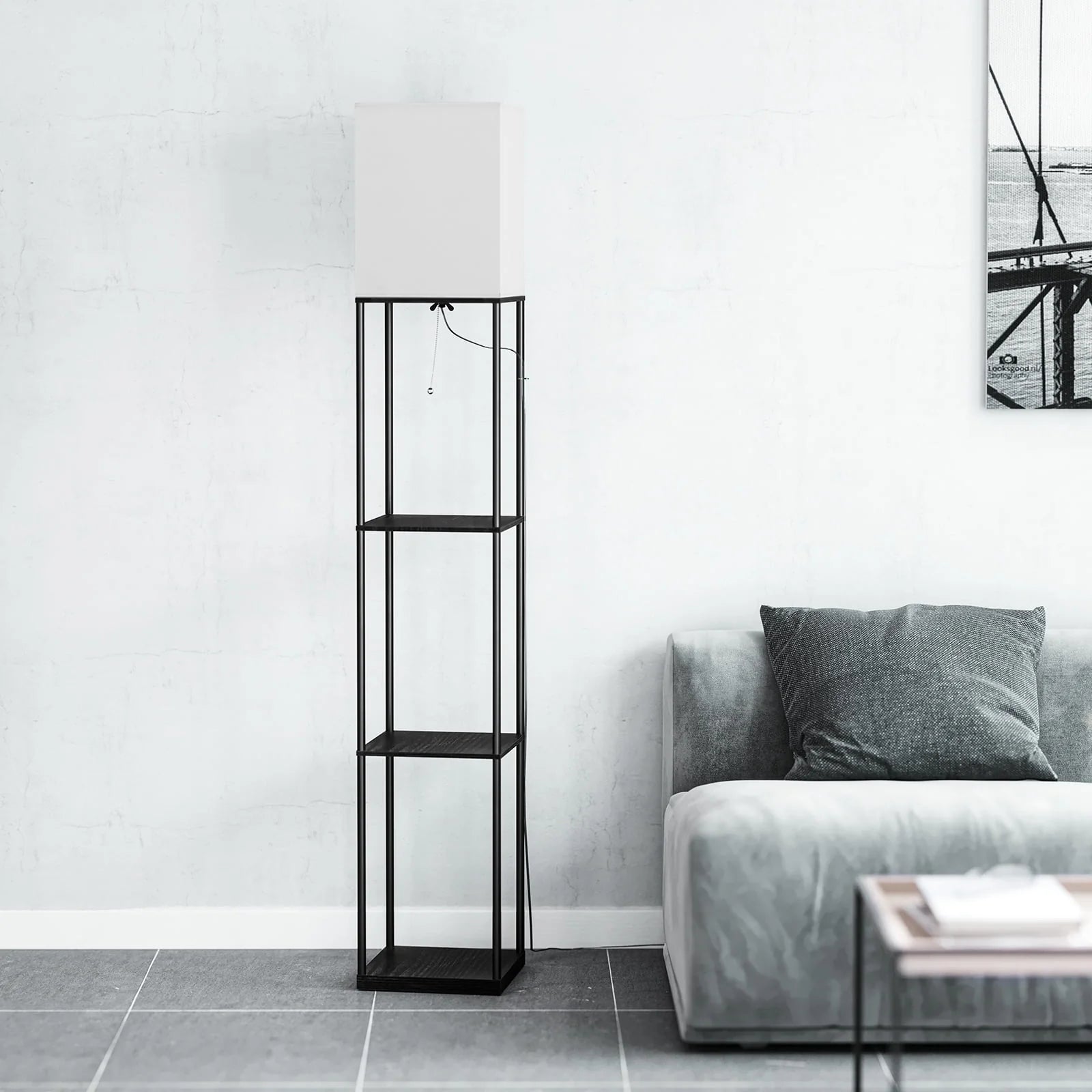 Modern Iron Shelf Floor Lamp with 3 - Way Dimmable LED Bulb, Shelves and White Shade for Living Room and Bedroom(Black)