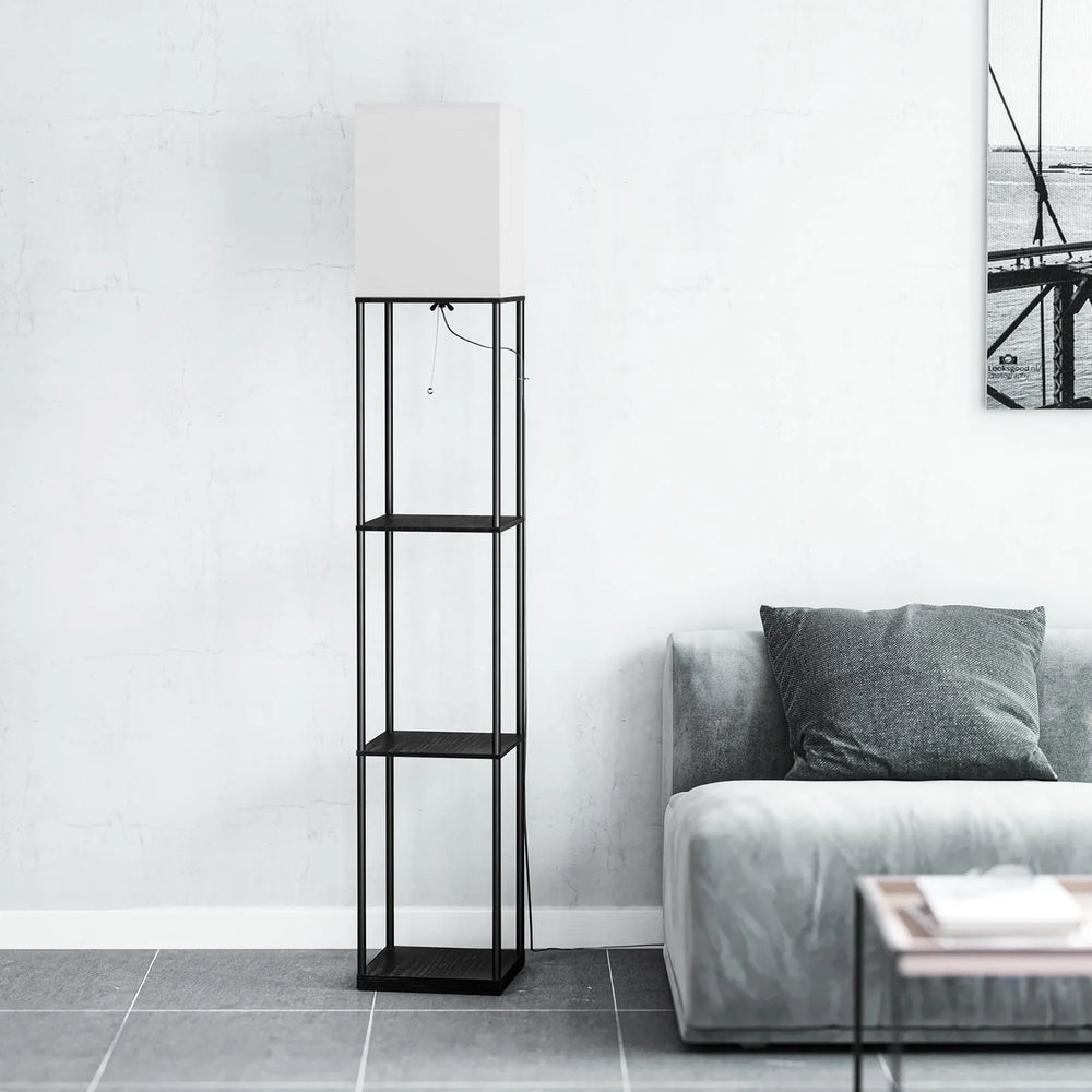 Modern Iron Shelf Floor Lamp with 3 - Way Dimmable LED Bulb, Shelves and White Shade for Living Room and Bedroom(Black)