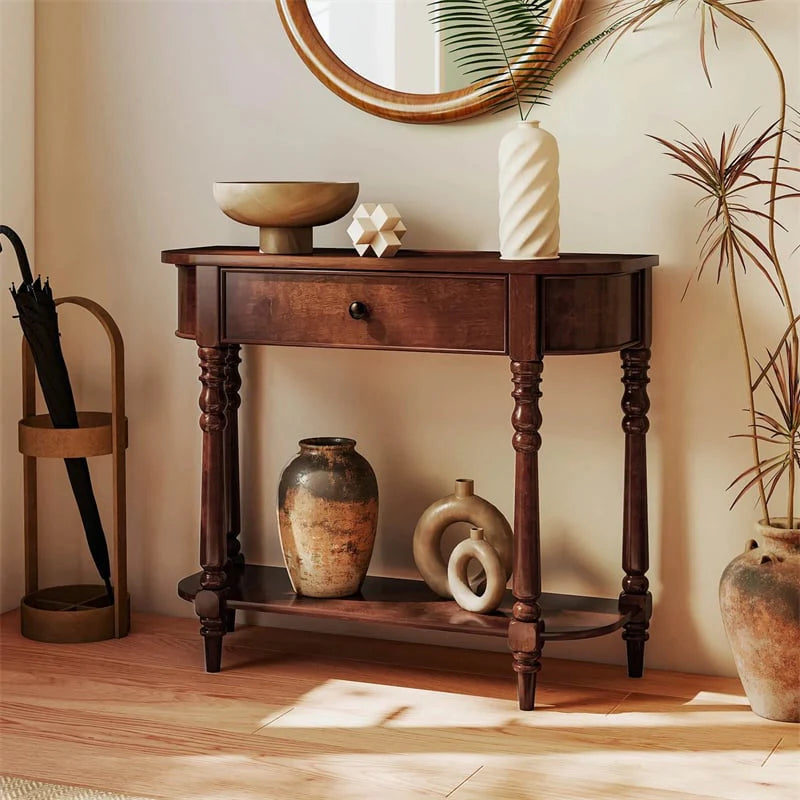 36" 2-Tier Retro Console Table with Storage Drawer & Open Shelf, Solid Wood Narrow Entryway Sofa Table for Living Room, Foyer & Hallway
