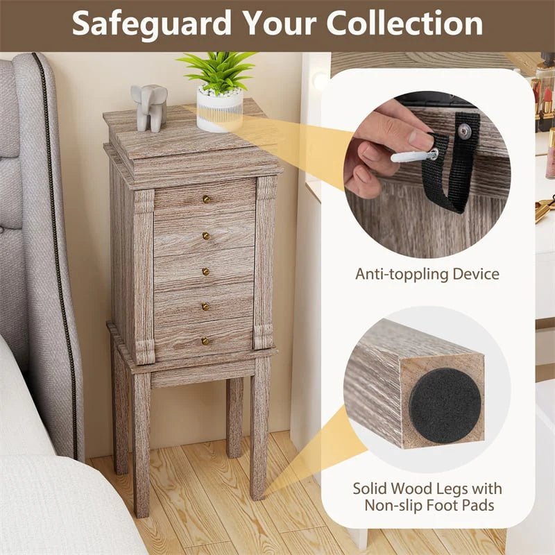 Standing Jewelry Armoire Cabinet with Flip Top Mirror, 5 Drawers & 2 Swing Doors, Velvet Lined Jewelry Storage Organizer for Necklaces Rings