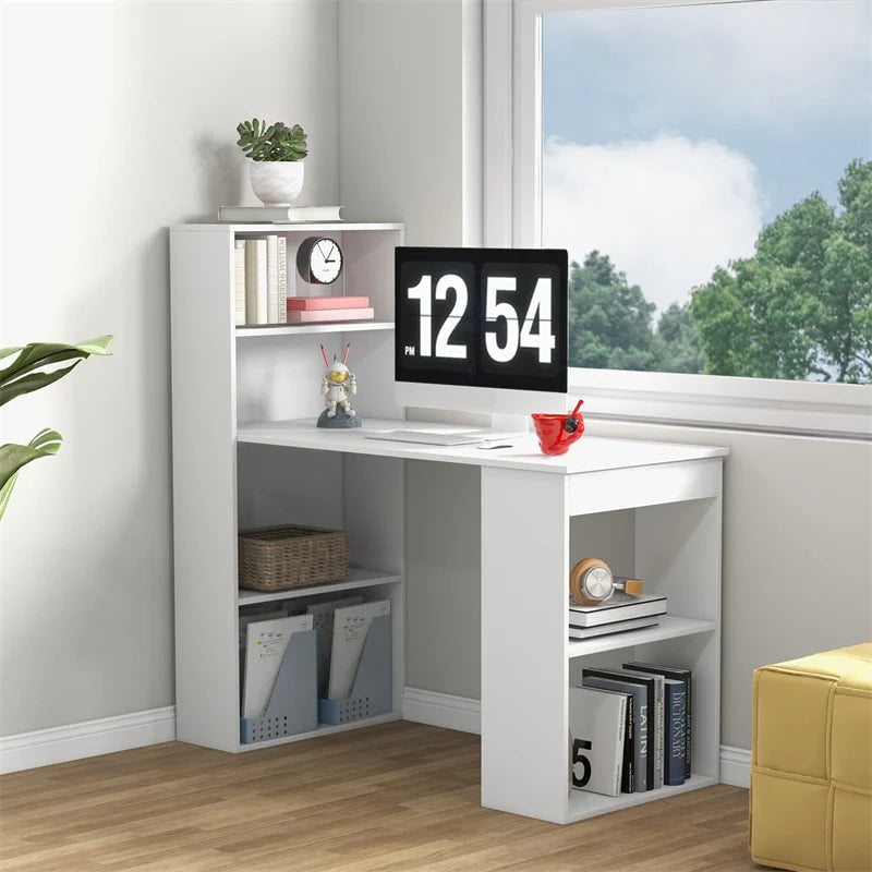 48" Computer Desk with 6-Tier Storage Shelves, 3-in-1 Reversible Writing Desk w/ Bookshelf & CPU Stand, Space-Saving Home Office Workstation - Natural