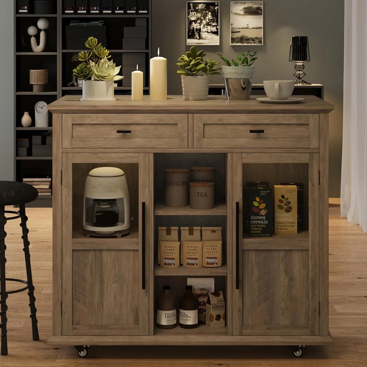 WALYWIK Foldable Kitchen Island Cart with Wheels, 2 Glass Doors, Spice Rack & Towel Holder - Compact Mobile Storage Cart for Small Kitchens, Dining Rooms, Camping & Rvs - Grey - Black
