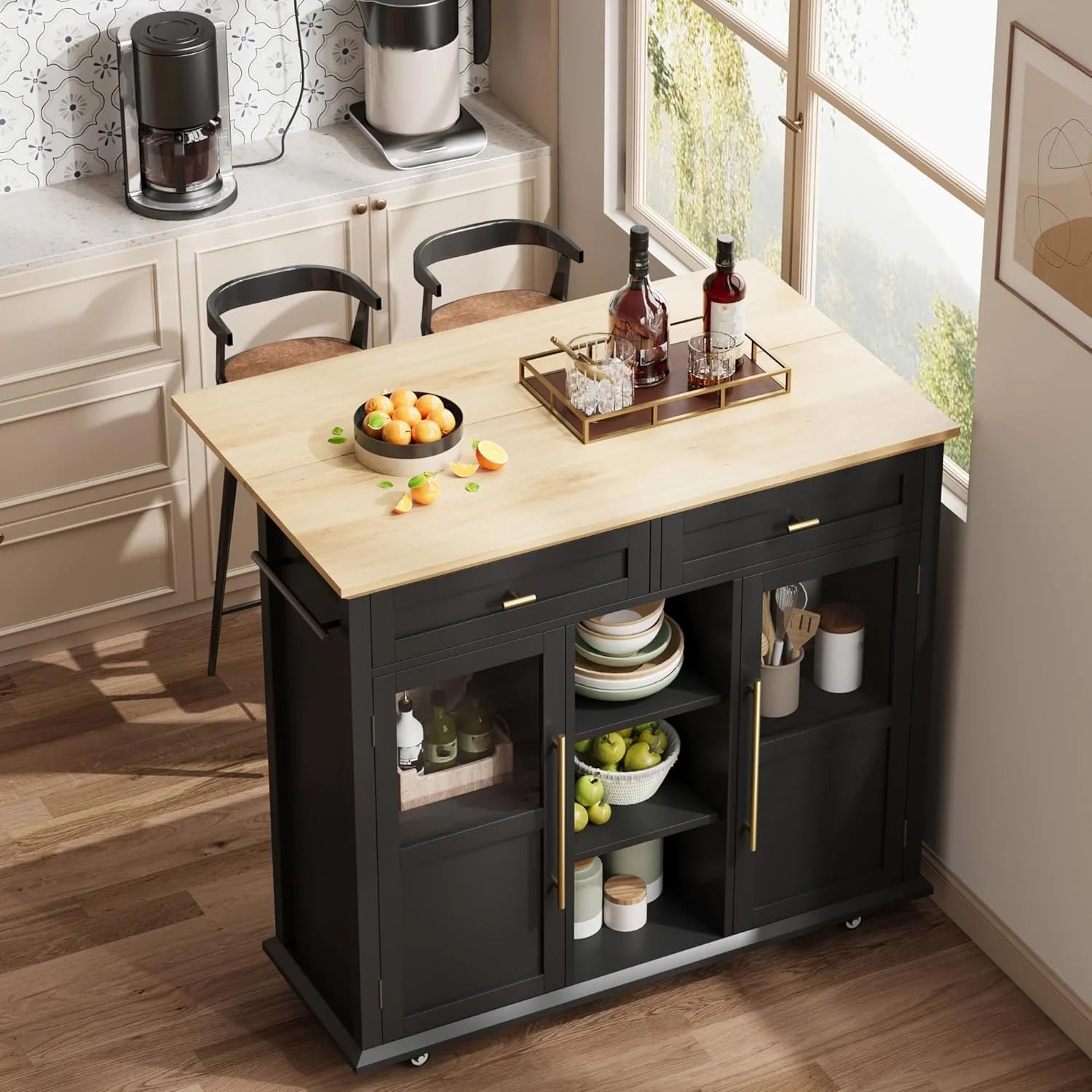 WALYWIK Foldable Kitchen Island Cart with Wheels, 2 Glass Doors, Spice Rack & Towel Holder - Compact Mobile Storage Cart for Small Kitchens, Dining Rooms, Camping & Rvs - Grey