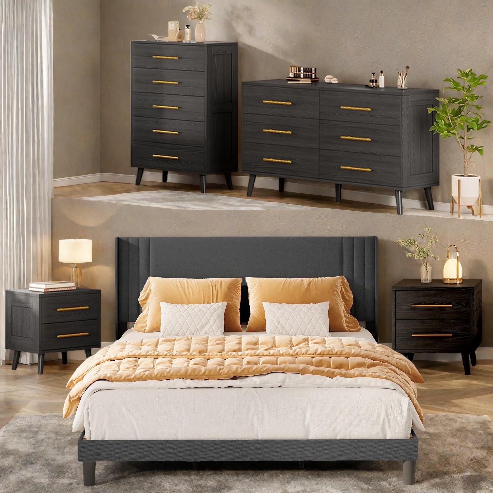 Bedroom Furniture Set with Queen Bed Frame, 2 Nightstands, 5-Drawer Dresser and 6-Drawer Dresser, Modern Black Storage Set
