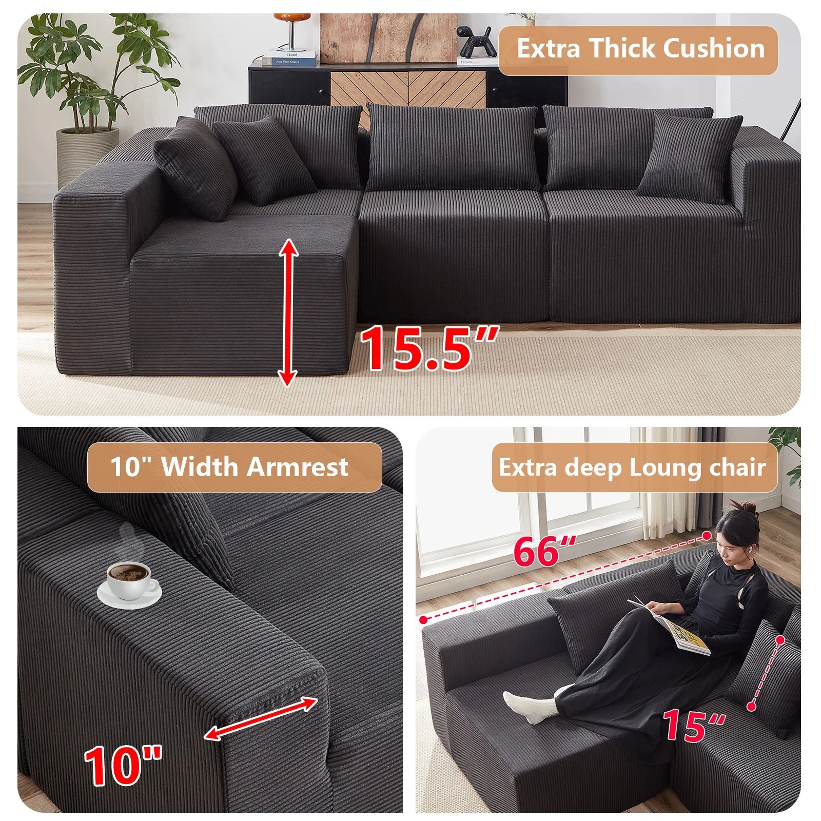 104 - Inch Corduroy Modular L Shaped Sectional Sofa, Luxury Floor Couch Set, Upholstered Indoor Furniture, Foam - Filled Compressed Sofa for Living Room, Bedroom, 4 PC Free Combination ?