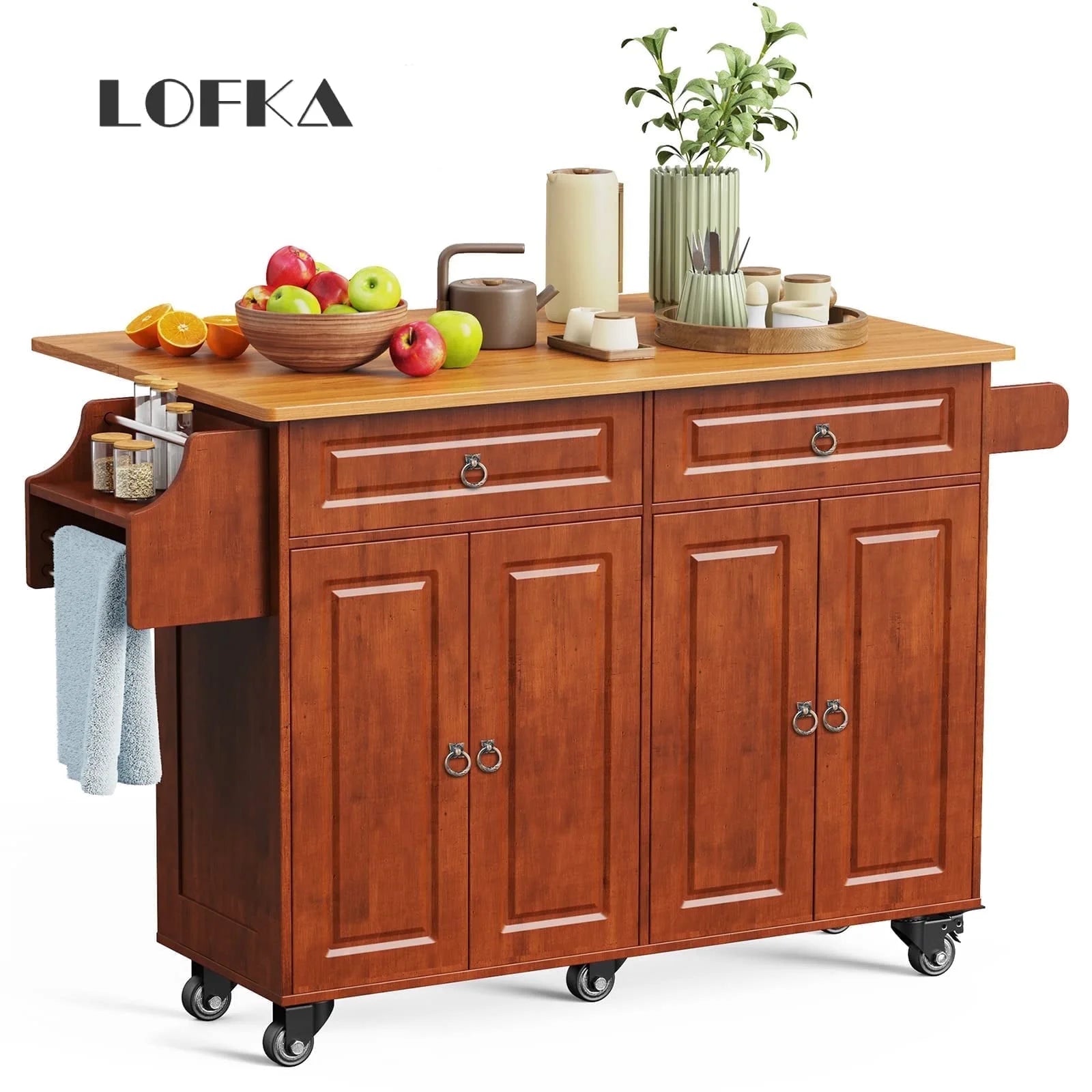 Lofka 52 - Inch Kitchen Island with Storage on Wheels with Wood Drop Leaf, Ideal for Small Kitchens