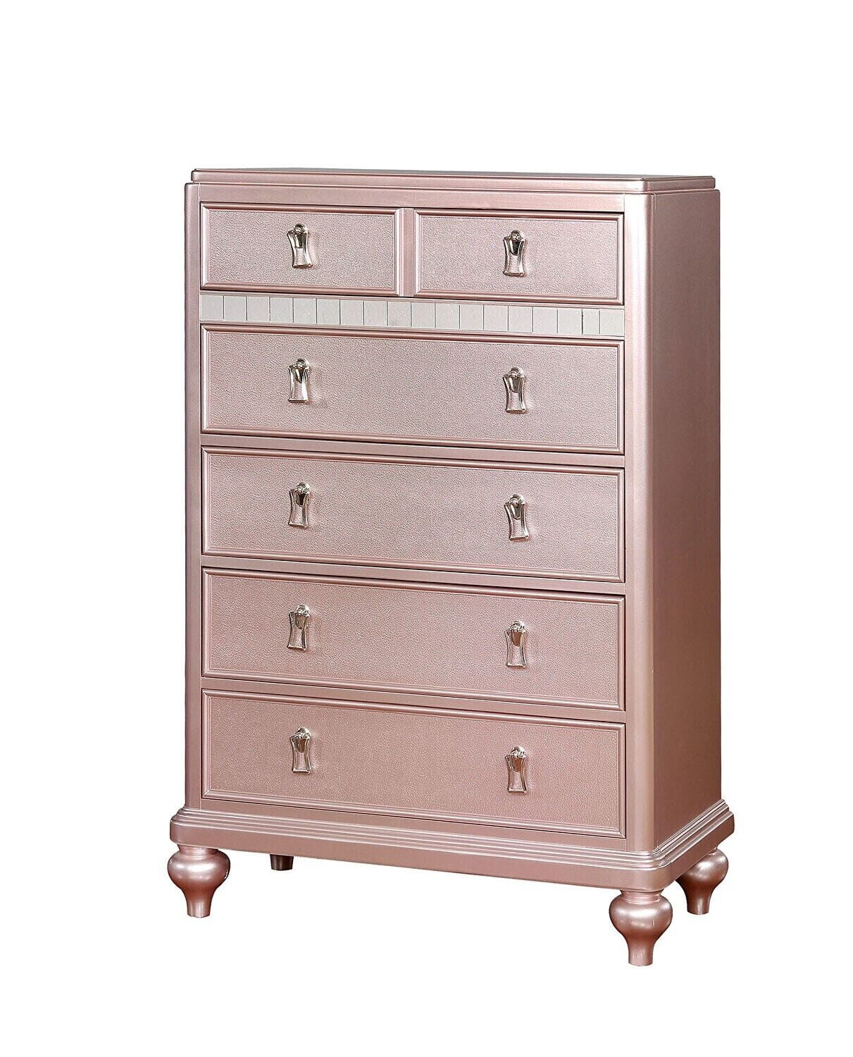 Contemporary Rosé Gold Twin Size Bed 6pc Set Dresser Mirror Nightstand Chest Padded HB Tufted Bedroom Furniture Solid Wood