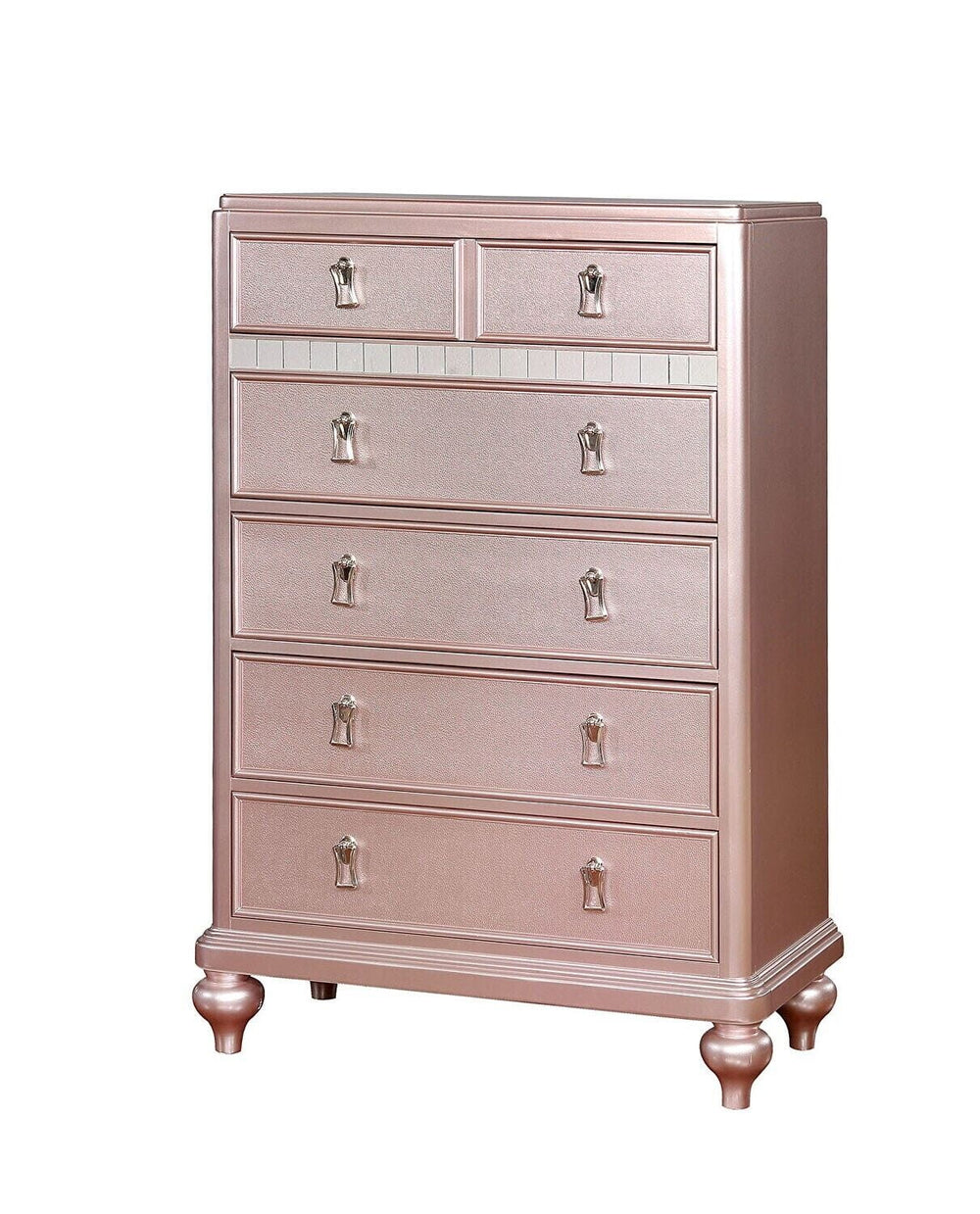 Contemporary Rosé Gold Twin Size Bed 6pc Set Dresser Mirror Nightstand Chest Padded HB Tufted Bedroom Furniture Solid Wood